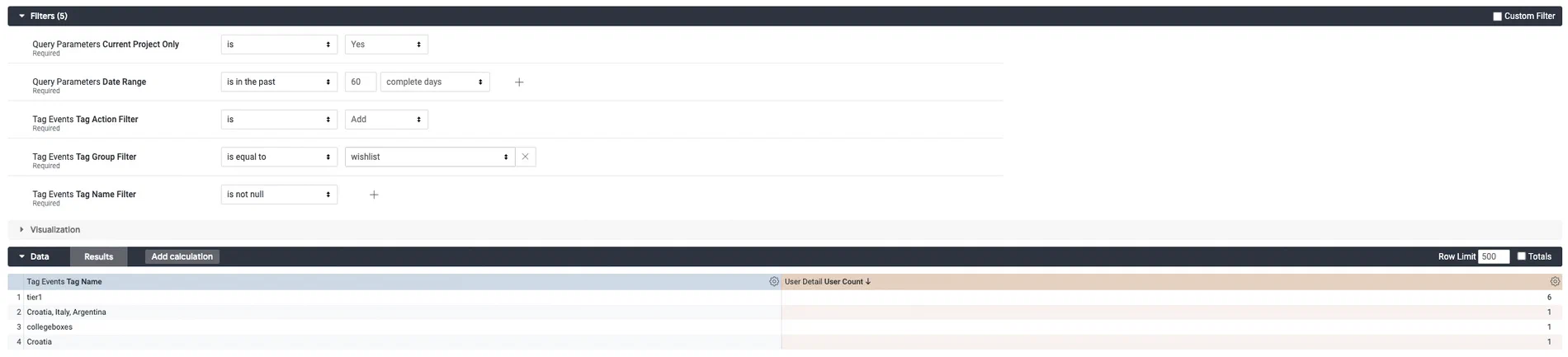 Custom queries and reference for the Tag Events Explore