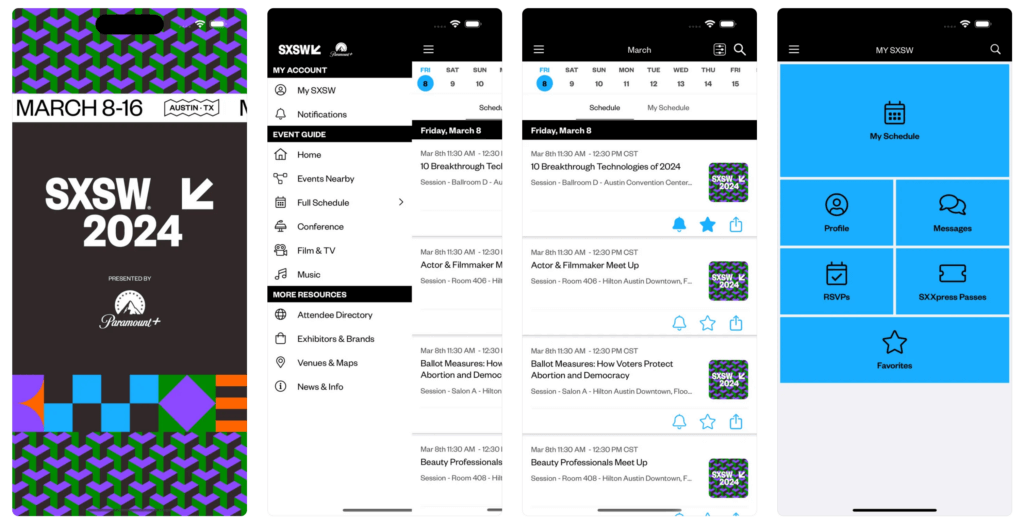 Screens from the official 2024 SXSW GO mobile app