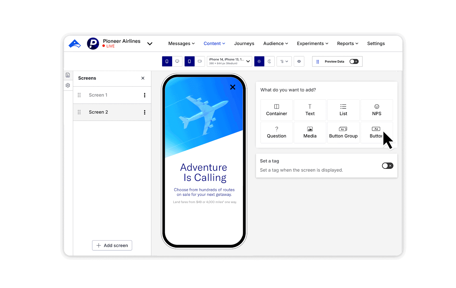 mock up of phone screen in Airship's no-code platform