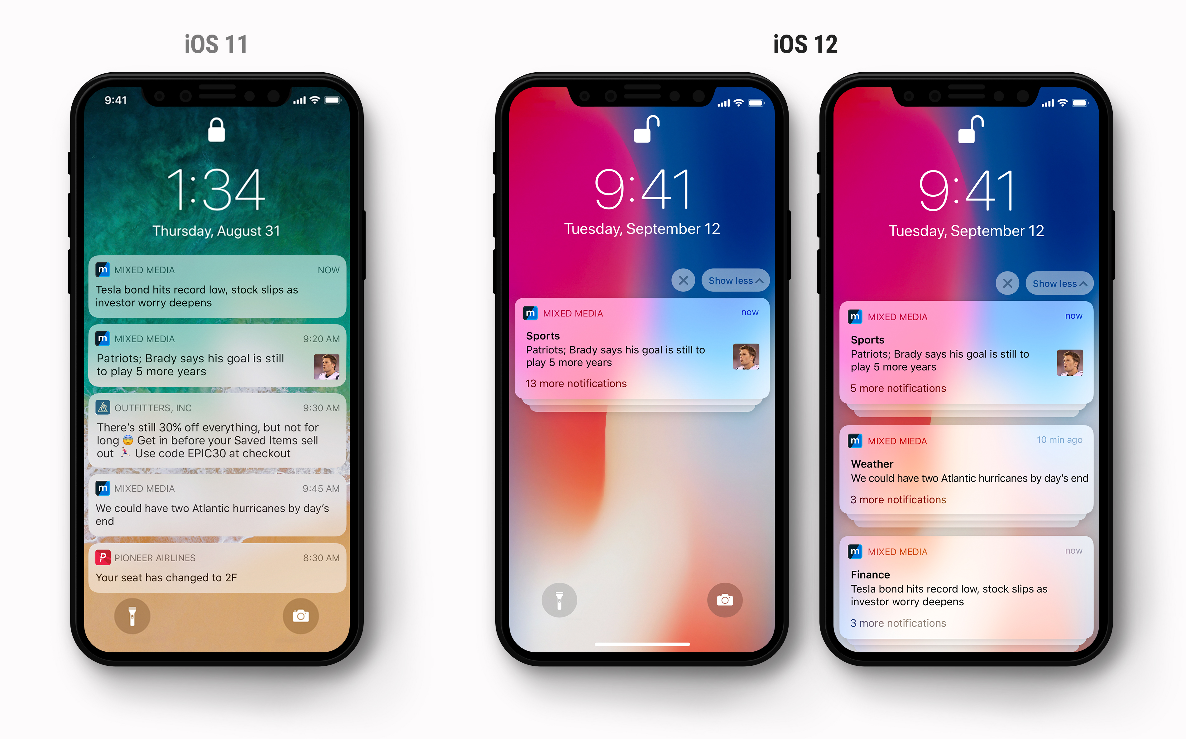 The display of notifications changes from iOS 11 to iOS 12 