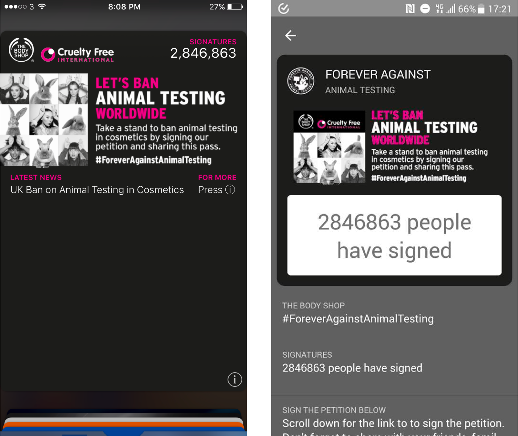 The Forever Against Animal Testing mobile wallet pass for iOS (left) and Android (right)