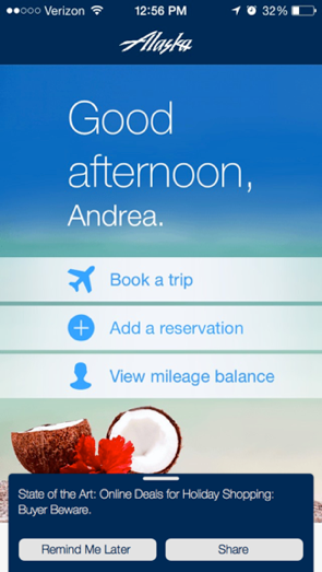 alaska-airlines-in-app-marketing-in-app-messaging-banner-with-interactive-buttons