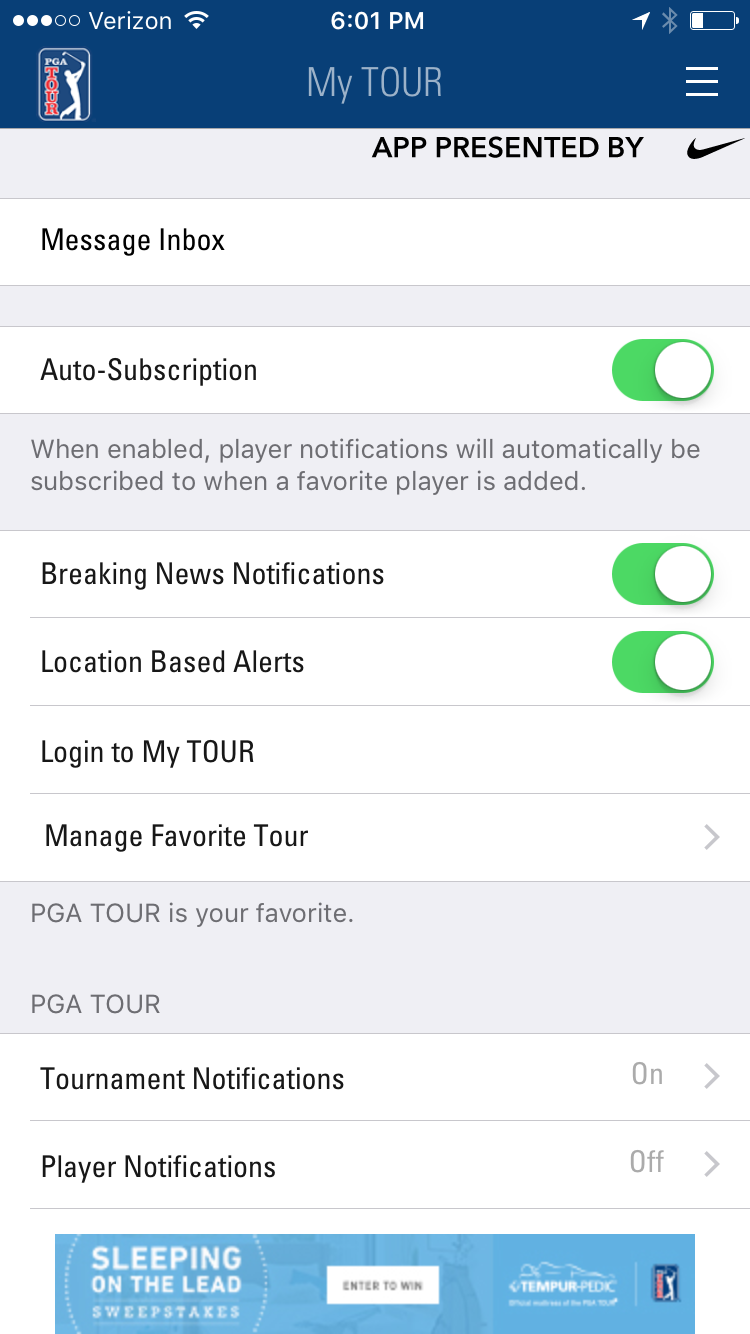 pga-tour-in-app-message-center-preferences-screenshot